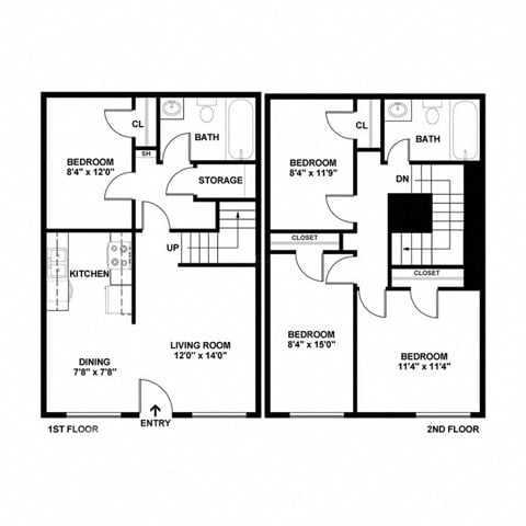 Floor plan for 4 beds, 2 baths, 1082 sqft